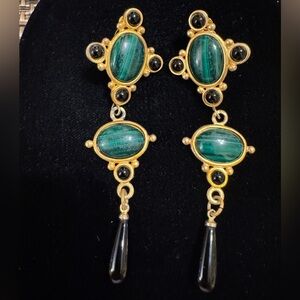 Ornate green and black on gold tone dangle earrings